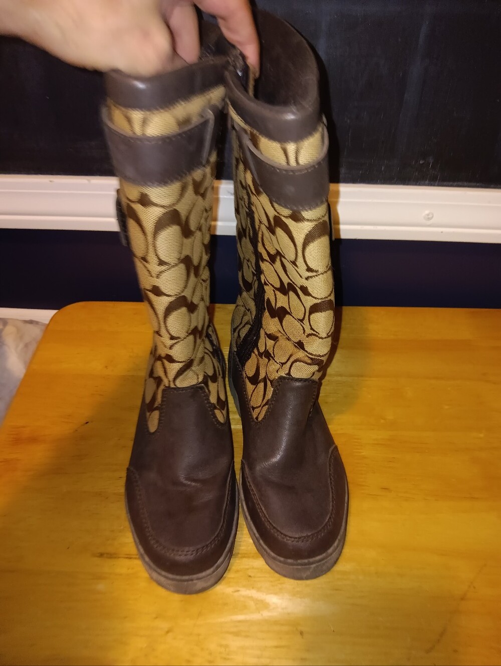 Coach Brown and Tan Monogram Signature Logo Mid-Calf Boots Size 5